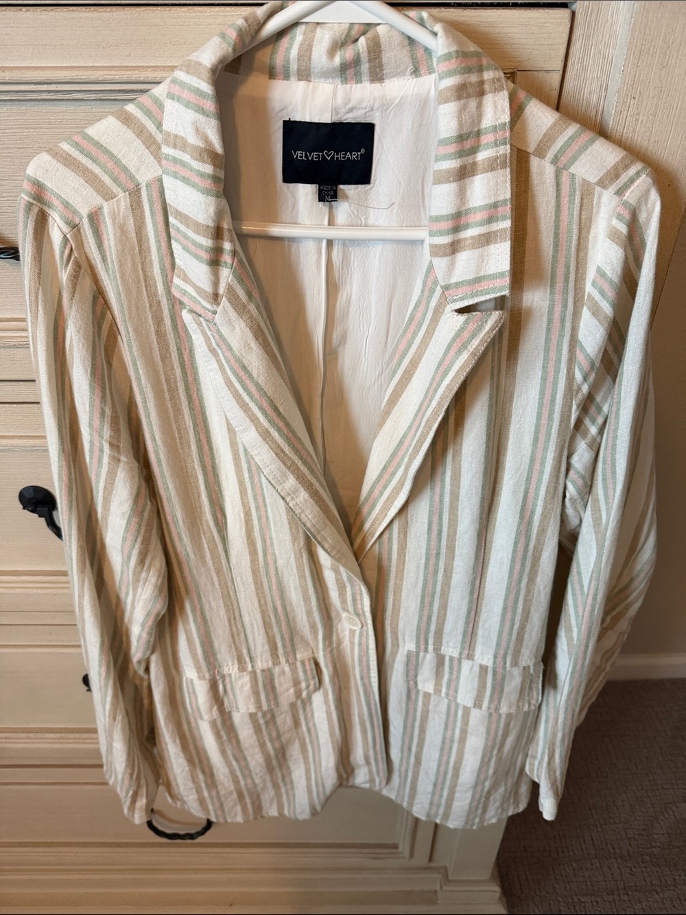 Velvet Heart Cream Blazer with Green and Blush Stripes